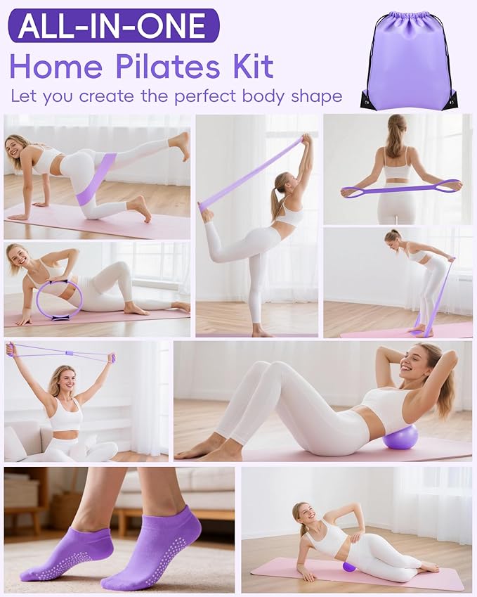 KABCON Pilates Kit for Home, Women Beginners Workout Essentials Set with 13" Ring, 9.8" Ball, Resistance Bands & Guide, 13/14/16 PCS Compact Pilates Equipment