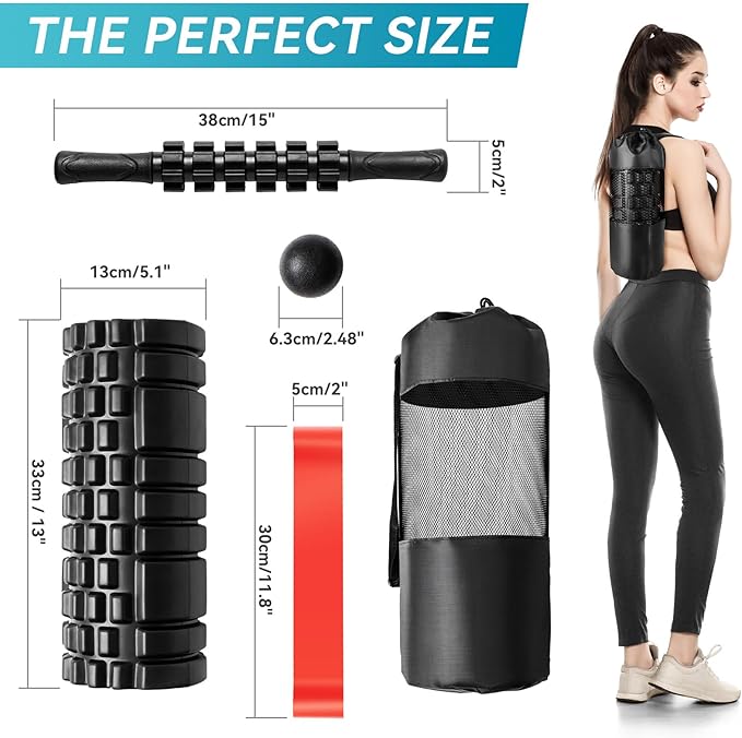 5-in-1 Foam Roller Set - Deep Tissue Muscle Recovery Kit with High Density Exercise Roller, Massage Ball, Resistance Band & Carry Bag for Physical Therapy & Pain Relief (Black)