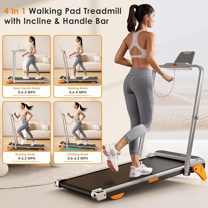 Walking Pad with Incline Portable Treadmill with Handle Bar for Home Office Under Desk Use Small Space Treadmill