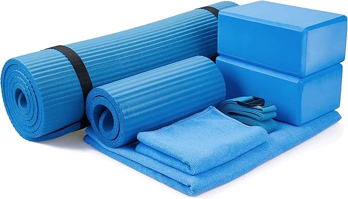 BalanceFrom 7-Piece Yoga Set with 71x24x0.5 Inches Extra Thick Mat and Carrying Sling – Includes 2 Blocks, Stretch Strap, 2 Towels, and Knee Pad for Home, Studio, and Gym Workouts