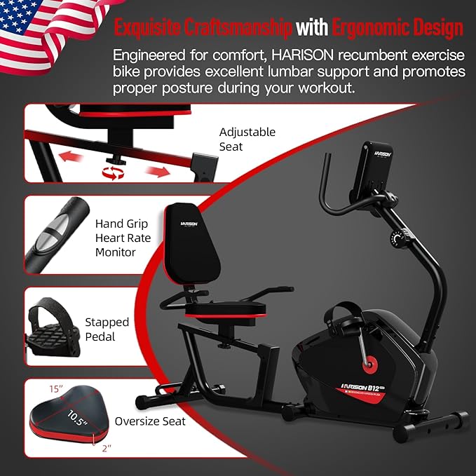 HARISON Recumbent Exercise Bike for Home, Quiet Recumbent Stationary Bikes for Adults & Seniors, Load Capacity of 400 pounds, Magnetic Recumbent Bike with LCD Monitor and Soft Adjustable Seats