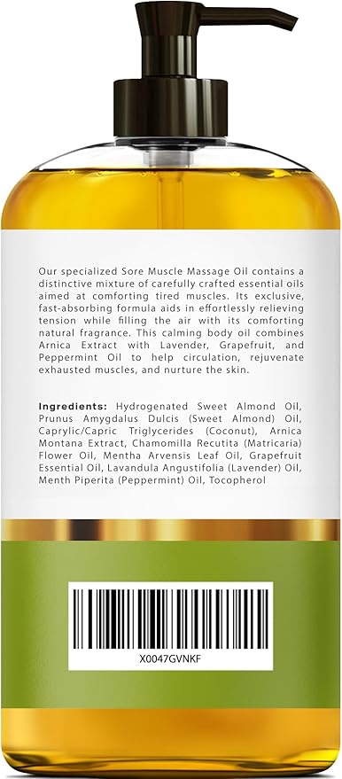 Arnica Sore Muscle Massage Oil – 100% Pure & Natural - Massage Therapy for Muscles & Joints – Body Oil Infused with Arnica Extract, Lavender, Peppermint & Chamomile Oils – 8 FL OZ
