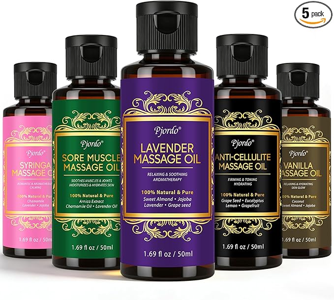 5 Pack Massage Oil for Massage Therapy, Lavender, Vanilla, Sore Muscle, Syringa & Anti Cellulite Massage Oil Kit for Relaxing Muscle & Soothing The Body, Home Spa Gifts for Her Him