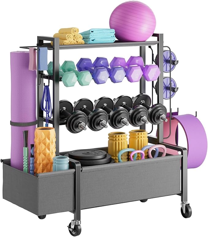 Dumbbell Rack, Adjustable 4-Tier Weight Rack Movable, Home Gym Organizer Up to 405 lb with Lockable Casters & Hooks, Workout Equipment Storage for Dumbbells, Kettlebells, Yoga Mats & Balls