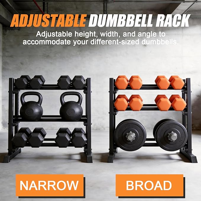 Dumbbell Rack 3-Tier Adjustable Dumbbell Rack Suitable for Dumbbells, Kettlebells, and Other Compact Weights Space-Saving Dumbbell Storage Rack - 1000LBS Capacity