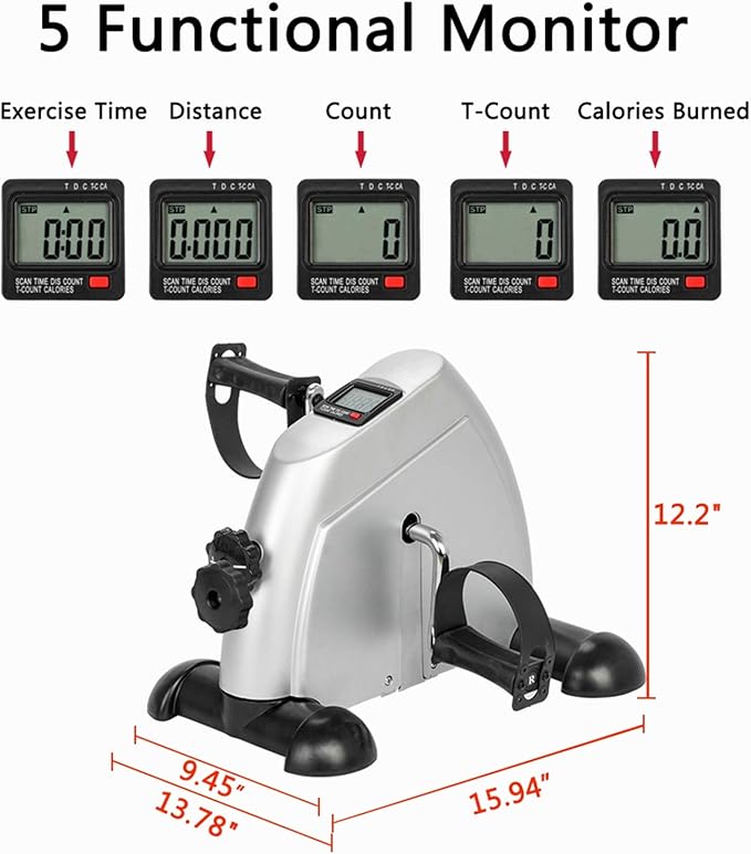 Mini Exercise Bike Pedal Exerciser for Arms & Legs, Portable Under Desk Bike with LCD Monitor, Adjustable Resistance Home Office Fitness Trainer, Compact Hand & Foot Cycle – Silver