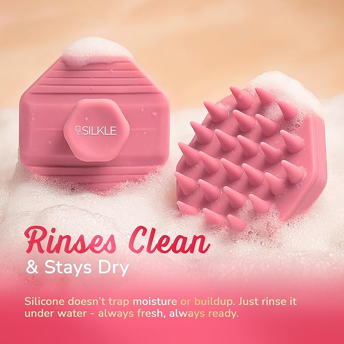 Scalp Massager Shampoo Brush – Silicone Scalp Scrubber for Hair Growth & Dandruff Removal, One-Piece, Non-Slip Handle, Soft Bristles, Wet/Dry Shower Scalp Exfoliator for All Hair Types – Pink