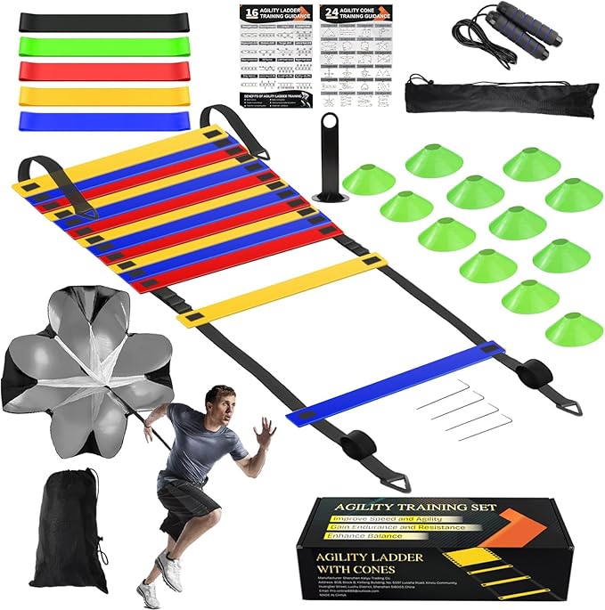 Speed Agility Training Equipment Set, Agility Ladder 20ft, 12 Football Cones, Resistance Parachute/Soccer Kick Trainer, Jump Rope, 5 Resistance Bands, Football Practice Equipment for Kids Adults