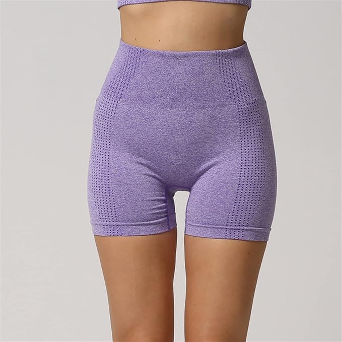 Yoga Set Seamless Women Long Sleeve Blouses Top Gym Sport Bra High Waist Tight Leggings Fitness Suit Shorts Sets (Color : Purple Shorts, Size : Medium)