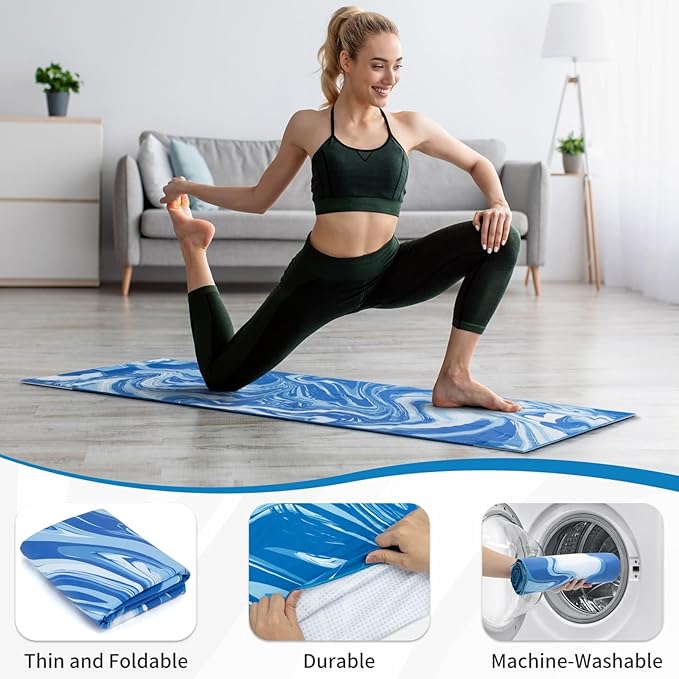 Yoga Mat Towel Cover with Large Corner Pockets, Non Slip Grip Microfiber Mat Cover Mat for Hot Yoga, Pilates and Gym Workout, 74" L x 26" W, Blue