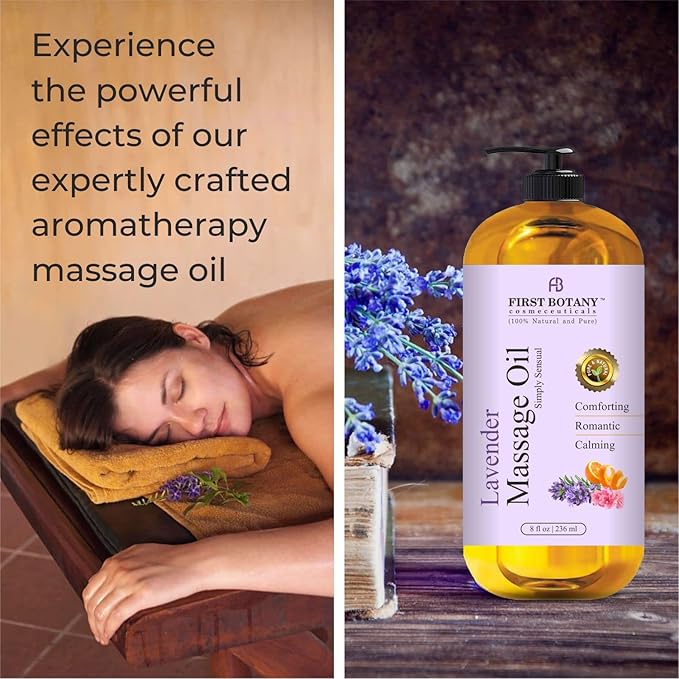 First Botany, Lavender Massage Oil for Couples, 100% Natural Full Body Massage Lotion & Massager, Ideal for use in Aromatic, Relaxing, Sensational Massage & for Aromatherapy for Men & Women, 8 fl oz