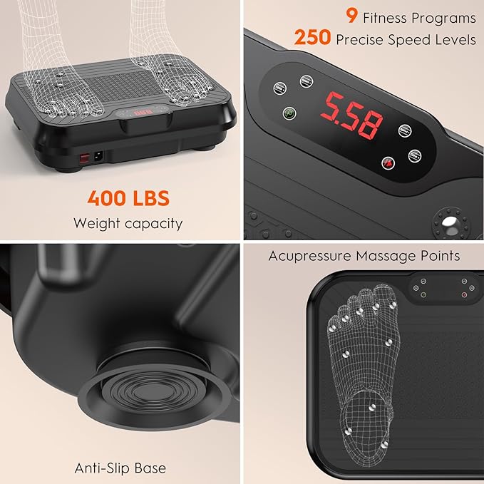 Vibration Plate Exercise Machine, Vibrating Plate for Lymphatic Drainage, 400 Lbs Capacity 250 Speed Levels Whole Body Fat Burner Weight Loss Shake Board, Vibrate Platform Machine