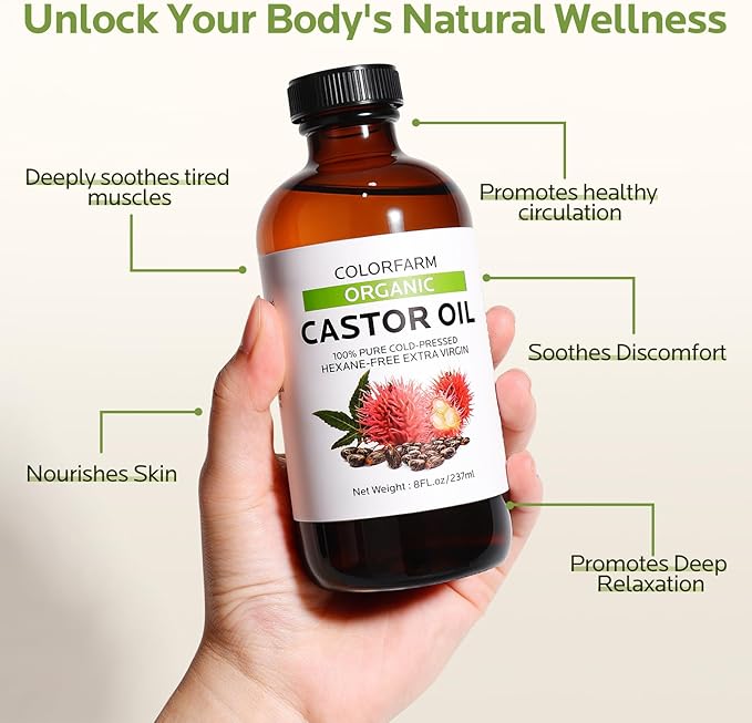 Cold Pressed Organic Castor Oil: Nourishing Treatment for Hair and Skin - 100% Pure and Natural Unrefined Hexane-Free Glass Bottle 8Fl Oz