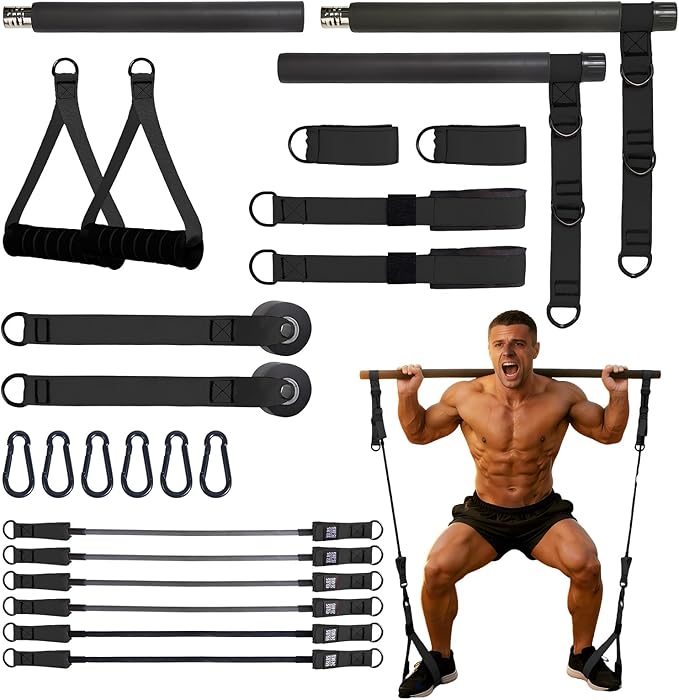 Pilates Bar Kit with Resistance Bands for Men, Heavy Duty Home Gym Equipment for Full Body Workout, Strength Training, Legs, Hips, Arms, Abs, Chest – Portable Pilates Stick
