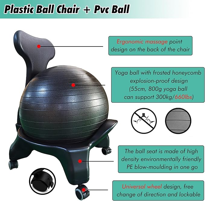 Active Sitting Exercise Ball Chair, Adjustable Posture Ball for Desk/Heavy Duty Pilates Ball for Chair Back with Rolling Wheel, Protection Legs/Spine Sensory Ball Chairs(Purple)