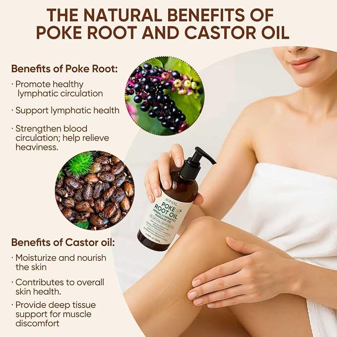 Organic Poke Root Castor Massage Oil – Herbal Body Massage Oil for Circulation Comfort & Skin Firming, Natural Blend with Ginger, Frankincense & Vitamin E, 4.02 fl oz / 120 ml