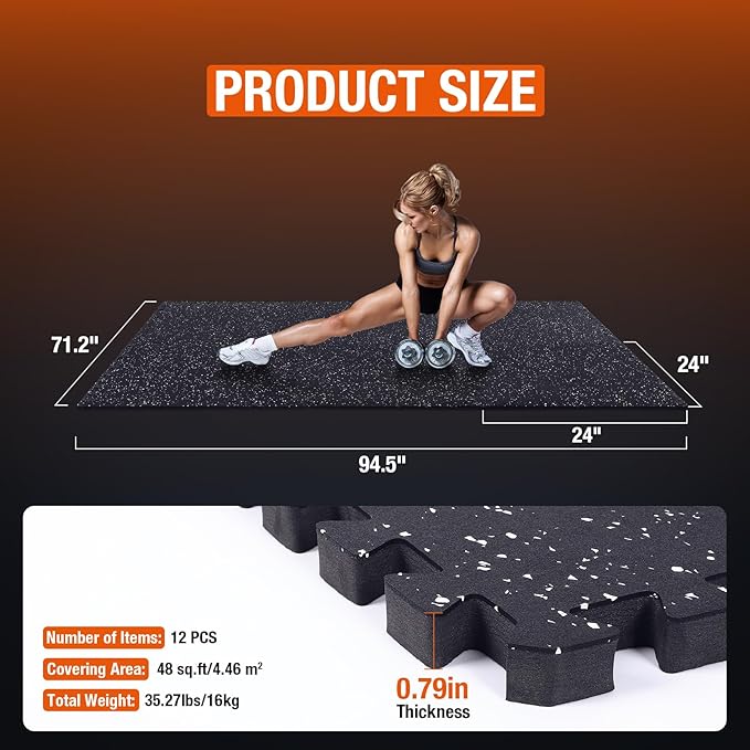 FAHKNS Gym Mat, 0.79'' Extra-Thick Exercise Equipment Mats, 12 Pcs 48 Sq Ft Rubber Top Floor Tiles, EVA Foam Exercise Mat Tiles - Durable, Non-Slip, Interlocking Mat, Gym Flooring for Home Gym