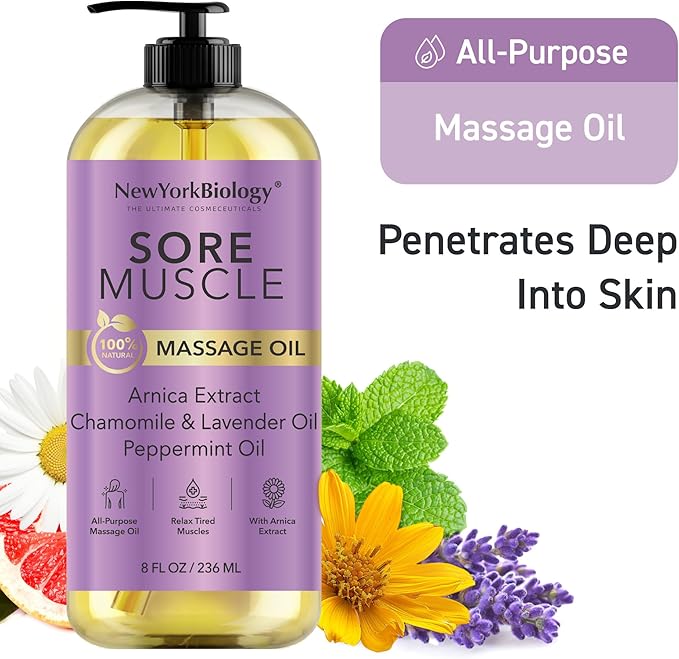 New York Biology Sore Muscle Massage Oil 8 Fl Oz – Made with 100% Natural Oils – Soothing Body Massage Oil - Absorbs Easily
