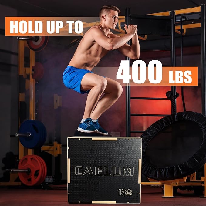 CAELUM 3-in-1 Wood Plyo Box - Non-Slip Plyometric Jump Box for Home & Gym, 400lbs Bearing Fitness Launch Box for Jumping Squats Step-ups Strength Training