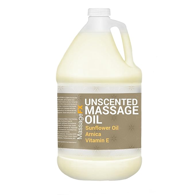 Massage Oil by Massage FX - 100% Pure Sweet Almond & Sunflower Seed Oil - Vitamin E - Ivy, Arnica & Aloe - Unscented - Perfect for a Full Body Massage, Maximum Friction - Paraben Free - 1 Gallon