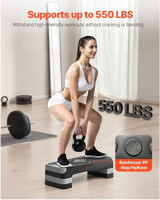 Aerobic Exercise Step Platform, 28-Inch Workout Aerobic Stepper, Height Adjustable Fitness Training Step Deck Trainer with 4 Risers, Non-Slip Surface Bench for Home Gym Cardio Strength, Gray