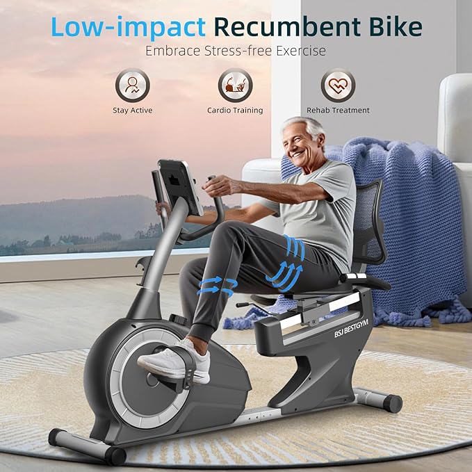 Recumbent Exercise Bike, Quiet Recumbent Stationary Bike for Adults & Seniors, Supports 350LBS, Magnetic Stationary Bike with 8-Level Resistance, Heart Rate Handle & LCD Display