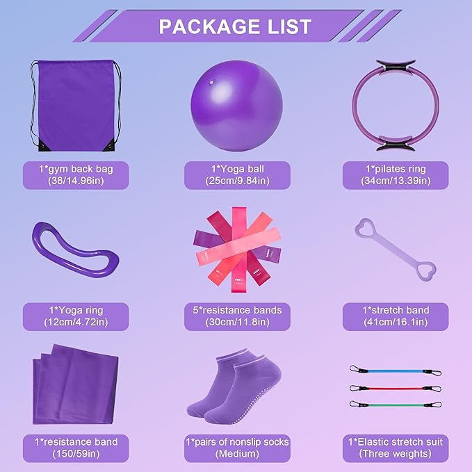 18-Piece Home Pilates Essentials Kit for Women - Complete Workout Equipment Set with Resistance Band, Yoga Ball, Ring, and Anti-Slip Socks (Pink)