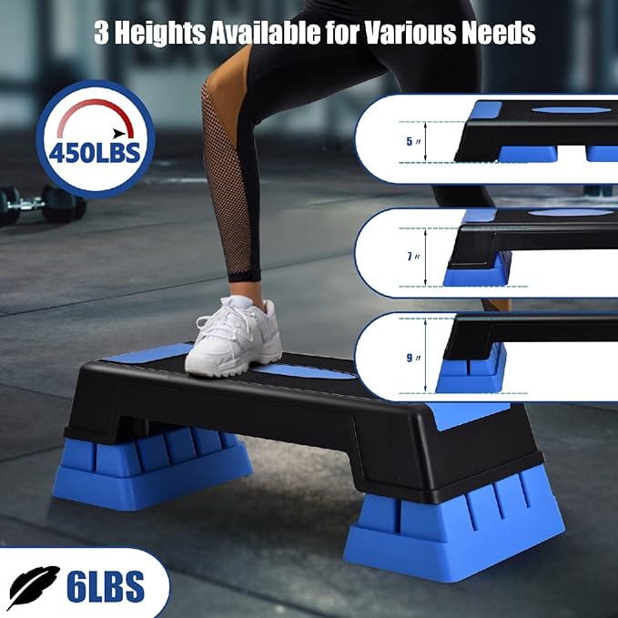 Happytools 28'' Aerobic Stepper, 5’’ 7’’ 9’’ Levels Height Adjustable Fitness Step Trainer, Exercise Step Platform w/Risers & Non-Slip Foot Pads for Home Gym Cardio Strength Training