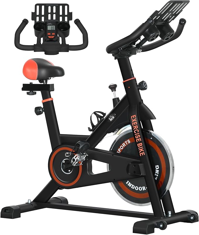 Soozier Exercise Bike, Flywheel Indoor Stationary Bike, Adjustable Height and Resistance, with LCD Monitor, Comfortable Seat Cushion, 264 lbs Capacity, Black and Red