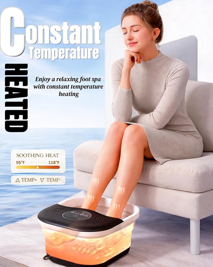 Collapsible Heated Foot Spa with Bubble and Red Light Temperature Control Foot Bath Massager and Soaking Tub Featuring 8 Shiatsu Massage Rollers Pumice Stone and Built-in Timer Ideal Gift for Wife,Mom