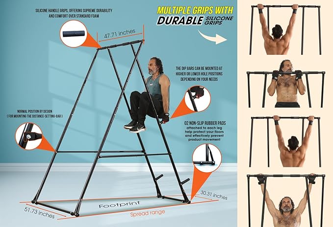 KT High and Foldable Pull Up Dip Station Power Tower Stable Adjustable Multifunctional Exercise Machine Durable Home Gym Strength Training Fitness Equipment Portable Indoor Outdoor Free Standing Rack