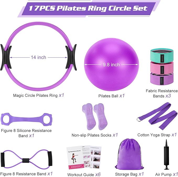 Pilates Equipment, Home Workout Pilates Ring Kit with Resistance Bands, 14'' Magic Circle, Mini Ball, Pilates Starter Kit for Strength, Toning and Flexibility, Workout Guide Included
