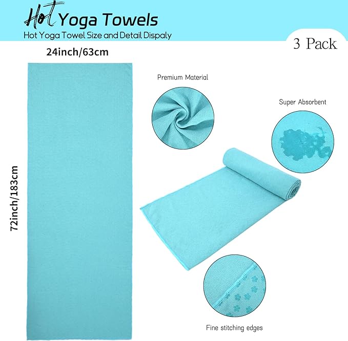 3 Pack Hot Yoga Towels with Plum Blossom Dots, Sky Blue Non-Slip Yoga Mat Towel, Super-Absorbent Soft Suede Microfiber Towel for Hot Yoga, Pilates, Bikram and Exercise Workout(24" x72",Sky Blue)
