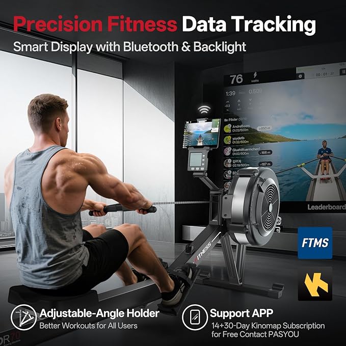 PASYOU Air Rowing Machine for Home,10-Level Resistance 350lb Load Rower Machine,Foldable Row Machines Commercial with 47in Rail and Bluetooth Backlit Monitor, Adjustable Tablet Holder PR70