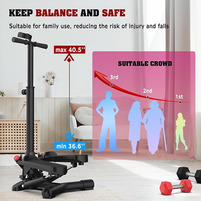 Steppers for Exercise at Home,Mini Stair Stepper with Handlebar and Resistance Bands,Stair Step Workout Machine,Total Body Cardio Equipment, Optional Twist Motion,Non-Slip Pedals – 300 LB Max Weight
