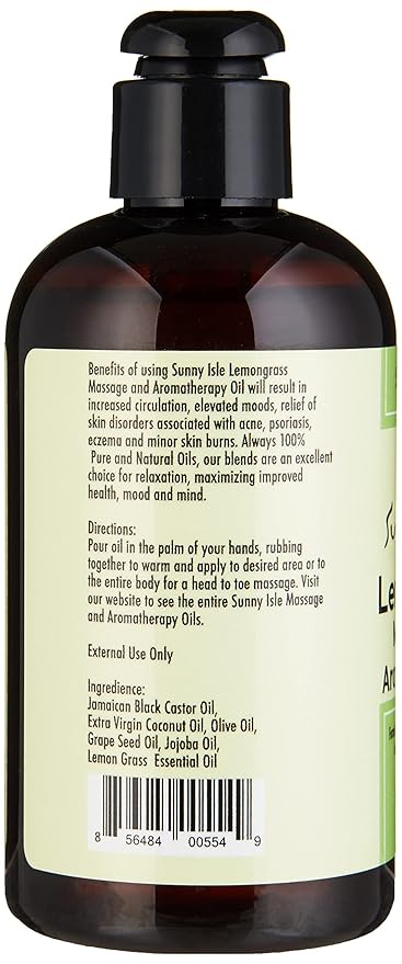 Sunny Isle Lemongrass Massage and Aromatherapy Oil - Organic, Gluten Free - 8 Fl Oz