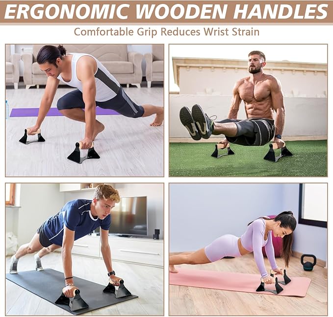Parallettes Push Up Handles - Heavy Duty Steel Frame with Ergonomic Beech Wood Grips, Calisthenics Equipment for Strength Training, Anti-Slip Push Up Bars for Home Gym (250kg Capacity)