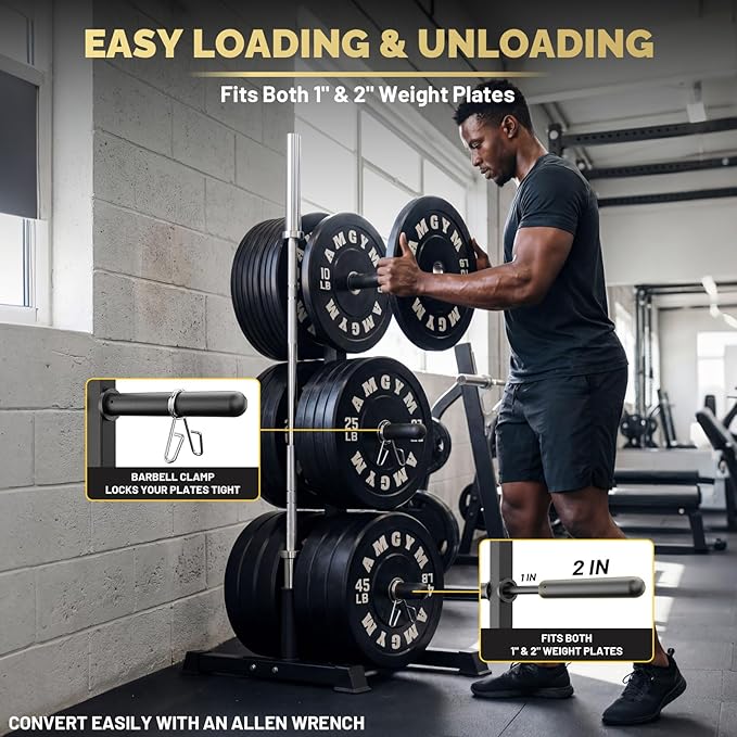 Weight Plate Tree Rack & Weight Set, Strength Training Plate Storage Stand and Barbell Holders for Home Gym, 1100 lb Weight Capacity, Fits Both 1" and 2" Bumper Plates