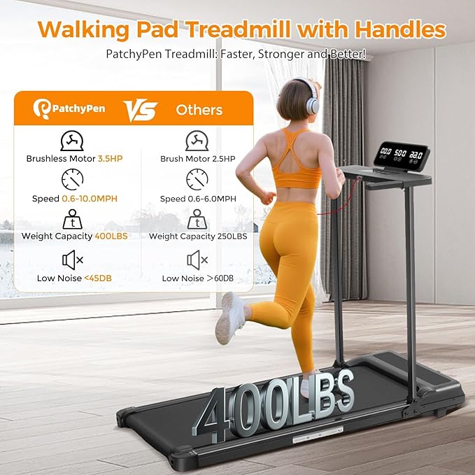 Walking Pad Treadmill with Handle Bar, 3.5HP Electric Treadmill with Handles for Home Small, 2026 Upgrade Walking Pad Treadmill with Handle Bar and Big Screen, 0.6-10.0MPH, 400LBS