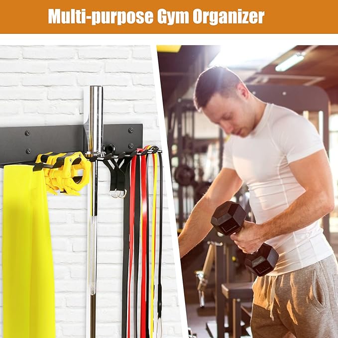 Multi-Purpose Heavy Duty Gym Storage Rack - 11 Hooks for Resistance Bands, Straps, Jump Ropes, Foam Rollers, Weight Belts, Tools (L-23")