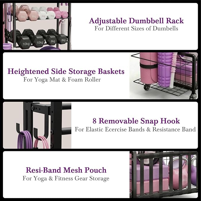 Dumbbell Rack, Adjustable Weight Rack for Home Gym, Heavy-Duty Workout Storage Organizer for Dumbbells Kettlebells Yoga Mat and Balls, Exercise Equipment Holder with Wheels & Hooks