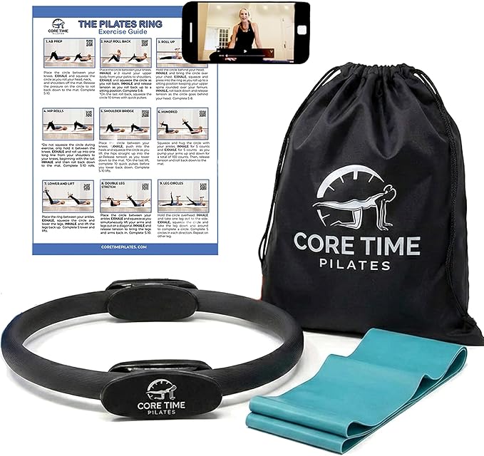 Pilates Ring and Exercise Guide- 25 Magic Circle Exercises Included- Photos and Videos by Pilates Instructor- Full Website Access Included - with Resistance Band and Bag.