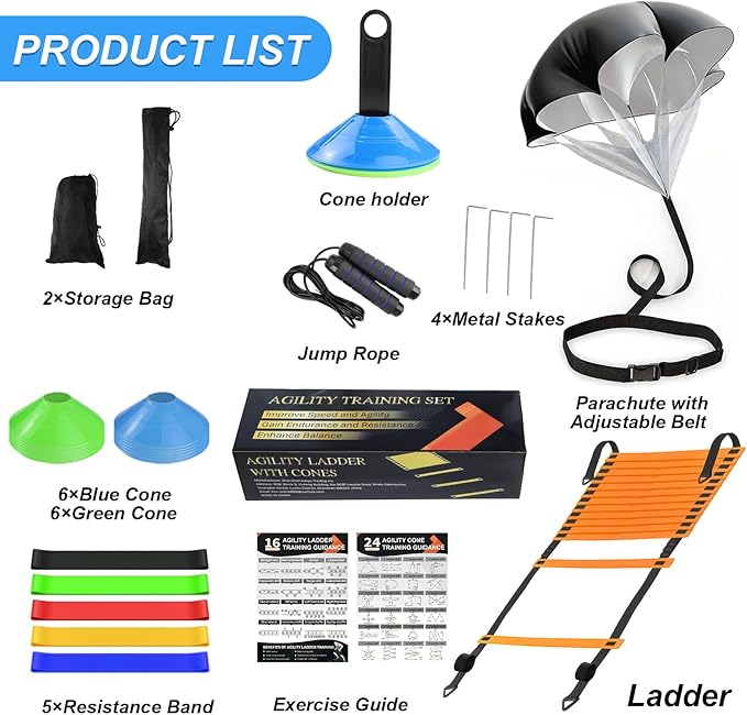 Speed Agility Training Equipment Set, Agility Ladder 20ft, 12 Football Cones, Resistance Parachute/Soccer Kick Trainer, Jump Rope, 5 Resistance Bands, Football Practice Equipment for Kids Adults