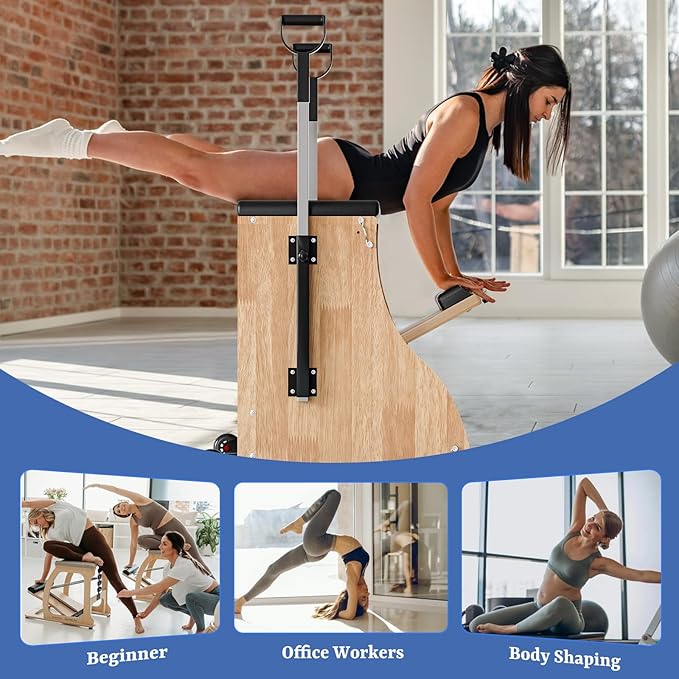 Pilates Chair Wunda Chair Pilates Combo Chair with Handles Split Pedals Reformer Machine for Yoga Core Training Rehabilitation Includes Non-Slip Socks (Wood Panel Bracket)