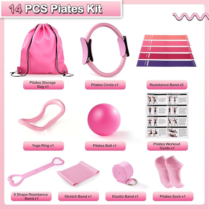 Pilates Kit 14PCS for Women,Home Workout Essentials Kit with Pilates Circle,9 Inch Yoga Ball, Figure 8 Resistance Band, Pilates Sock & Accessories for Beginners, Core Strength