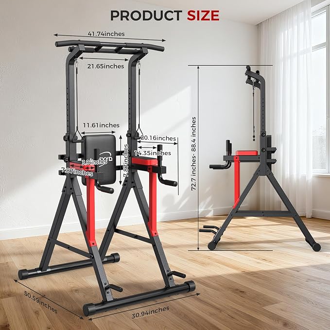 Power Tower Pull Up Bar Free Standing, 13-Level Adjustable Height Dip Station with X-Frame Stability, Multi-Grip Handles, Backrest, Anti-Slip Foot Pads, Home Gym Strength Training Equipment 400LBS