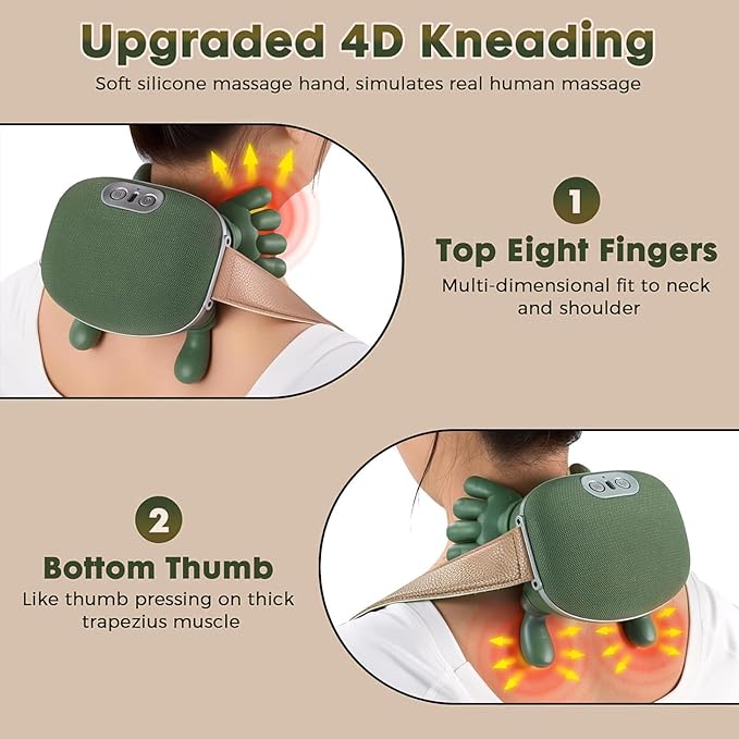 Neck Massager with Heat - Deep Tissue Shiatsu Electric Neck and Shoulder Massager with Fingers, 4D Kneading Design for foot back body, Cordless Masajeador De Espalda Y Cuello, Portable for Travel