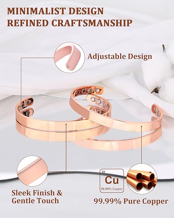 BioMag 2Pcs 99.99% Copper Bracelet for Women, Adjustable Magnetic Bracelets Bangle Cuff with 3500 Gauss Magnets, Jewelry Gift
