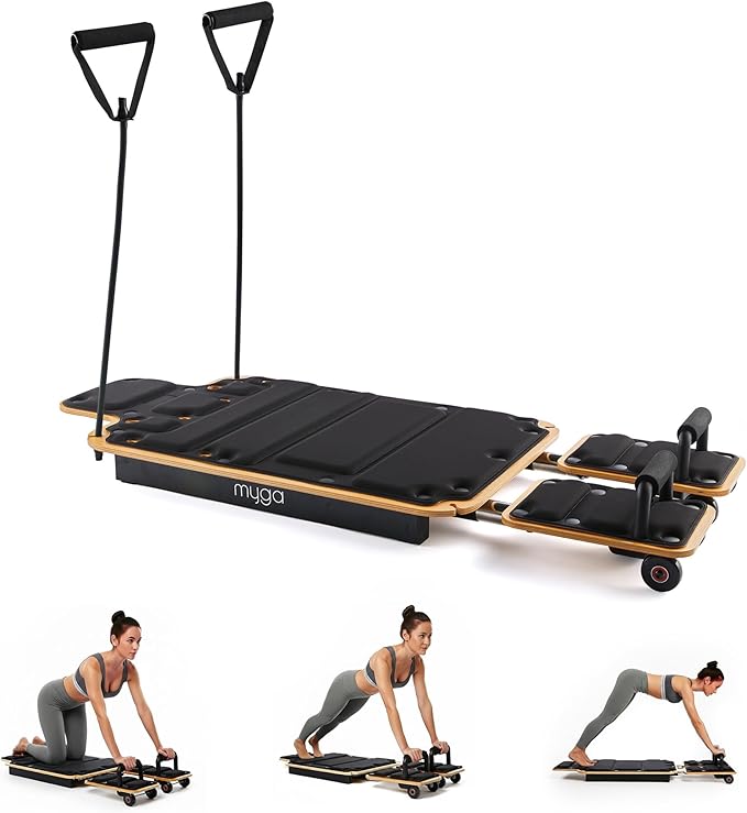 Myga Wooden Pilates Reformer,Home Pilates Machine with Adjustable Resistance and Padded Handles,Compact Durable Reformer for Core Strength, Full Body Workout,Toning and Flexibility