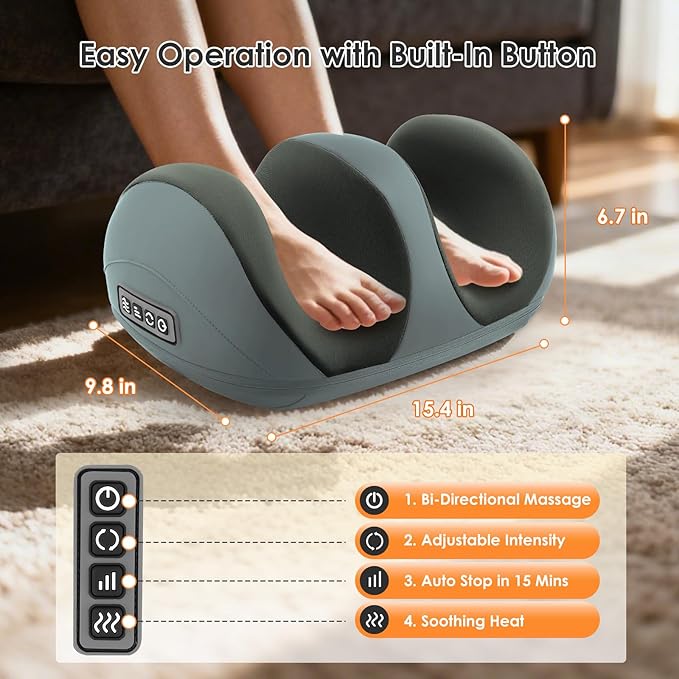 Foot Massager with Heat, Shiatsu Kneading Foot and Calf Electric Massager Machine with Roller, Massage Feet/Arm/Calf/Ankle for Relax, Plantar Fasciitis, Pain Relief, Gifts for Women & Men, Grey